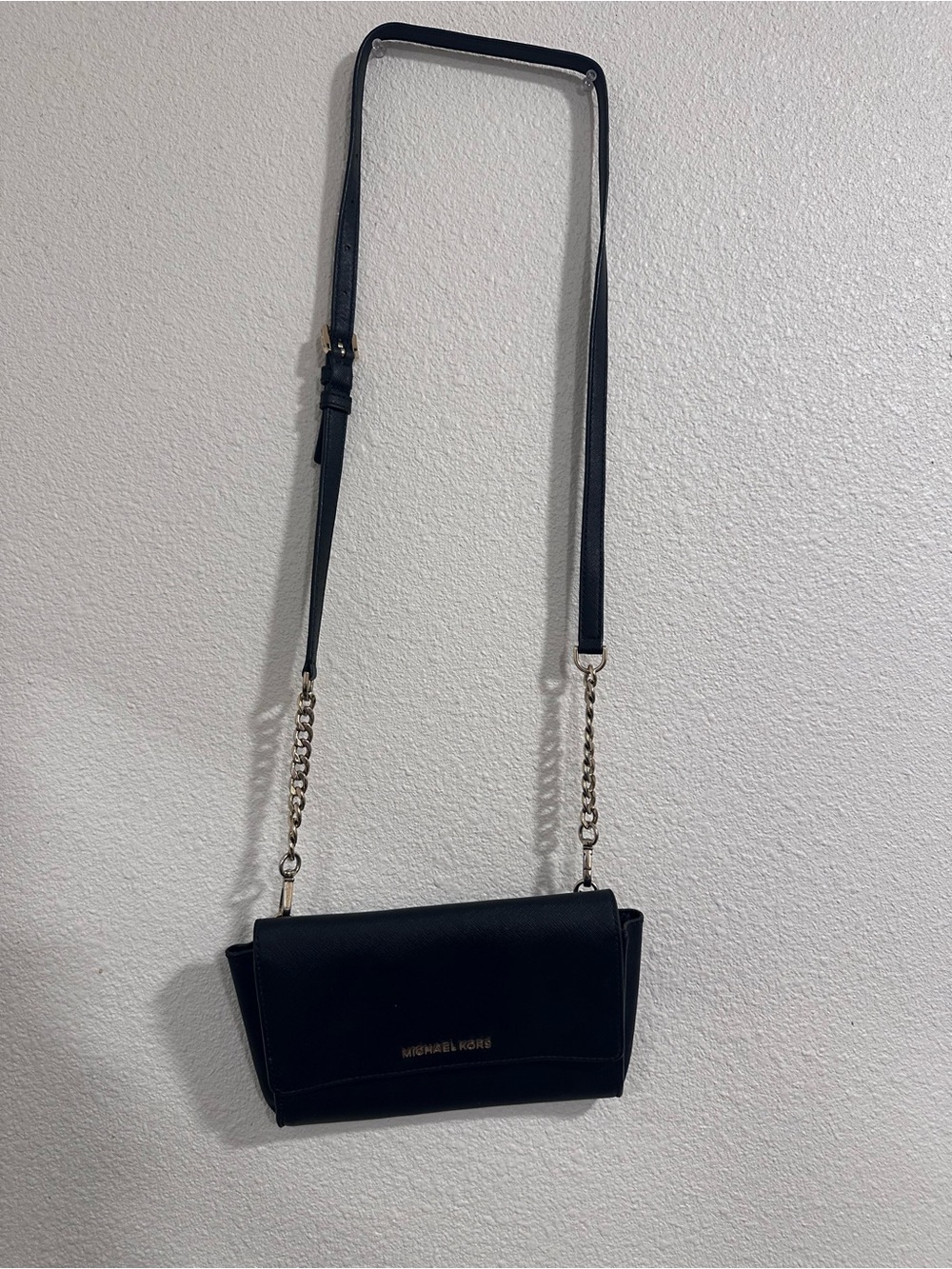 Michael Kors Black Leather Crossbody with Gold Chain Strap